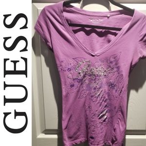Guess Purple Bedazzled V-Neck Short Sleeve Tee Shirt